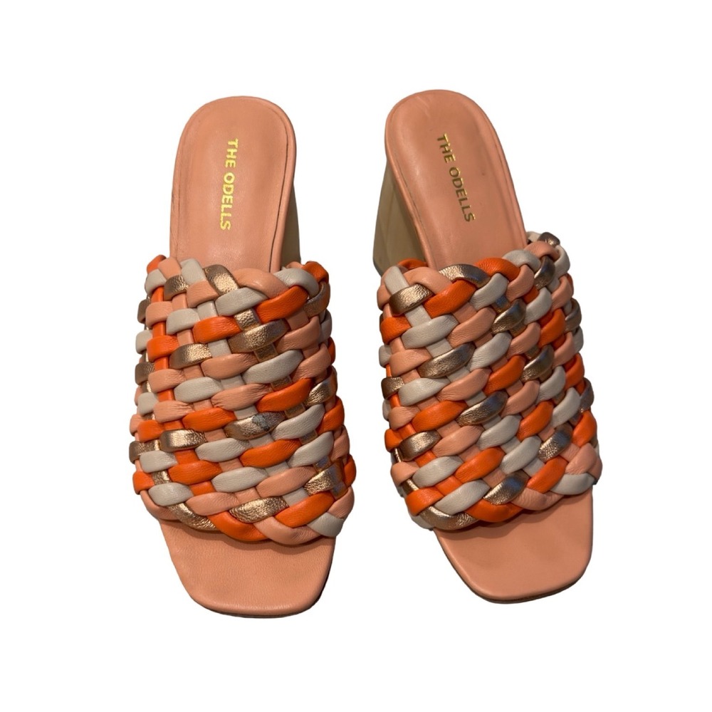 The Odells Los Angeles Woven Leather Block Heel Mules Orange Peach Gold Size 8